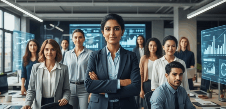 Diverse business team in modern office with data screens.