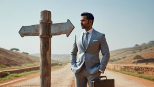 Man in suit standing at rural crossroads.