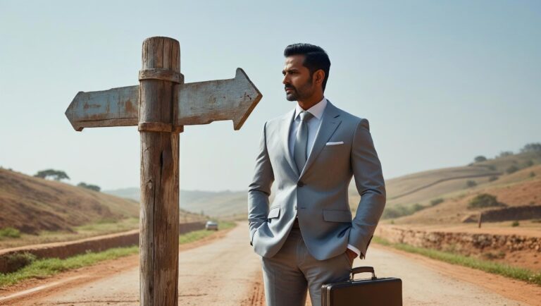 Man in suit standing at rural crossroads.