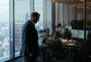 Businessman observing office meeting from glass window.