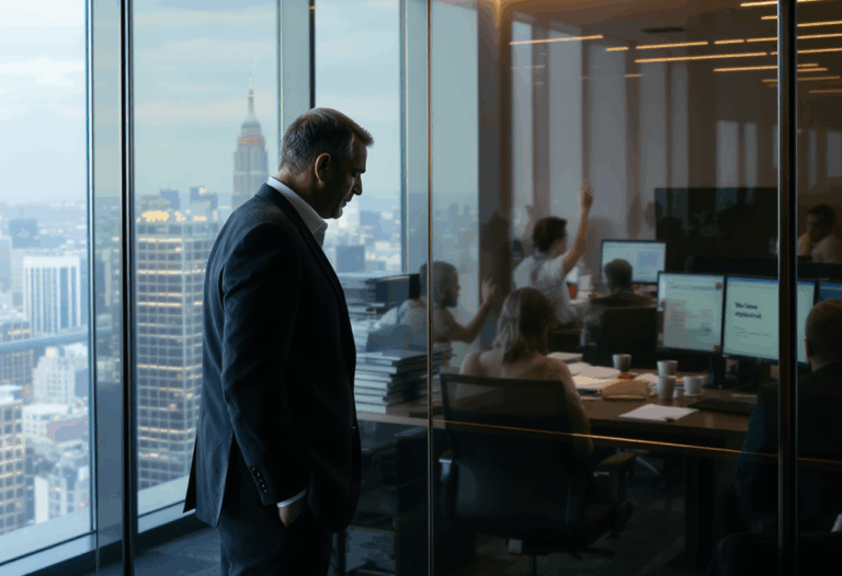 Businessman observing office meeting from glass window.