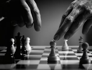 Hands moving chess pieces on board, intense strategy.