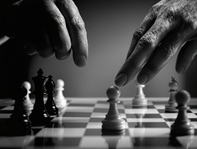 Hands moving chess pieces on board, intense strategy.
