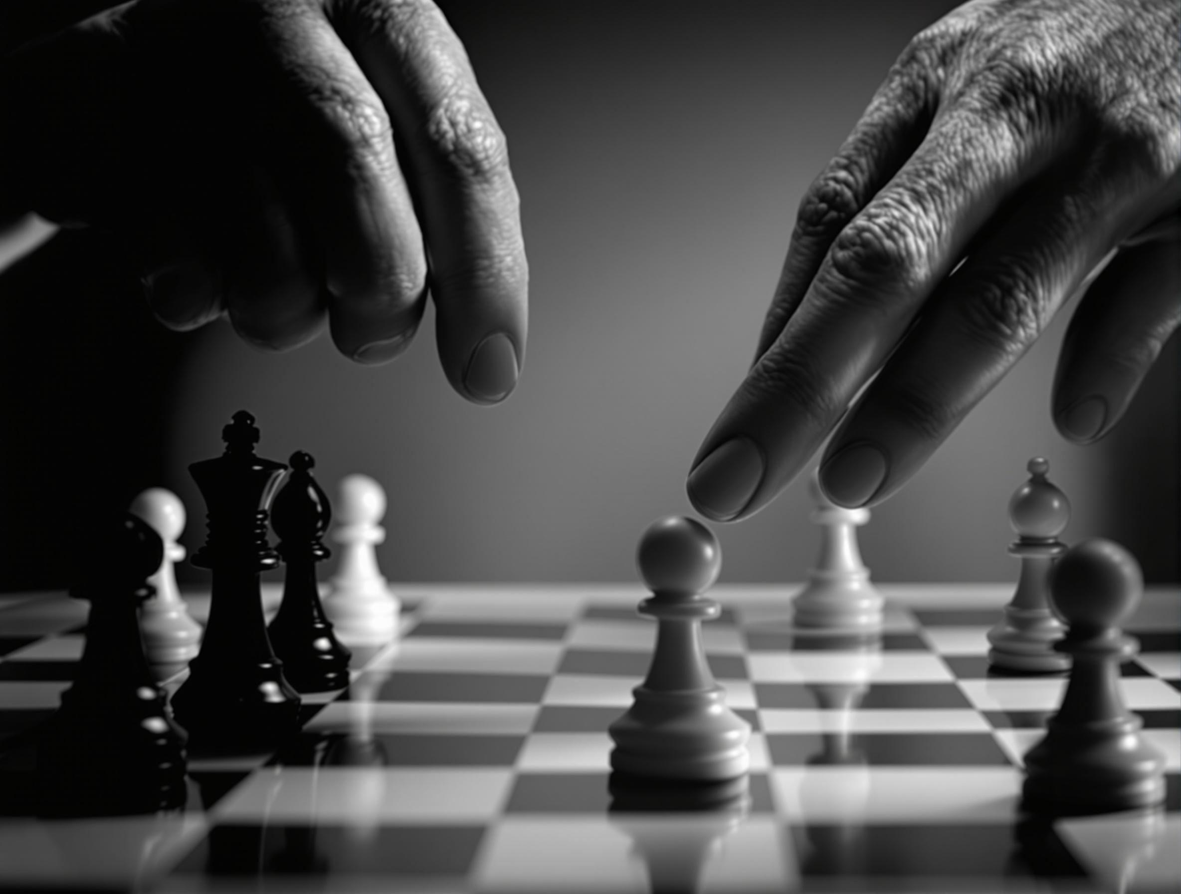 Hands moving chess pieces on board, intense strategy.