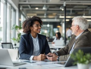 Two businesspeople meeting in modern office.