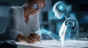 Business leader and AI working together in partnership - human-machine collaboration concept