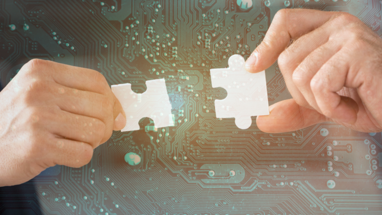 Hands connecting puzzle pieces over circuit background