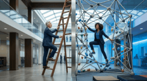 Business people climbing ladder and structure