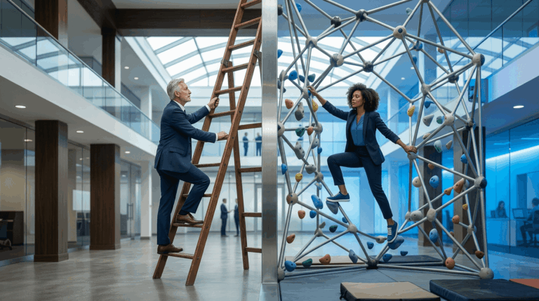 Business people climbing ladder and structure