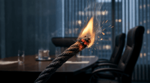 Burning rope fuse in office boardroom