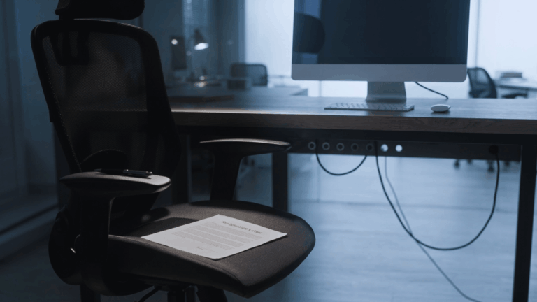 Resignation letter on office chair in workspace