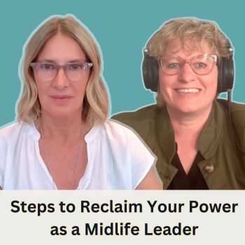 Two women discussing midlife leadership empowerment steps.